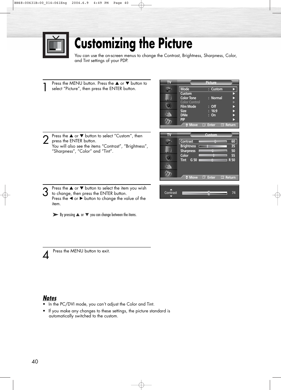 Customizing the picture | Samsung SPP4231KX-XAA User Manual | Page 40 / 104