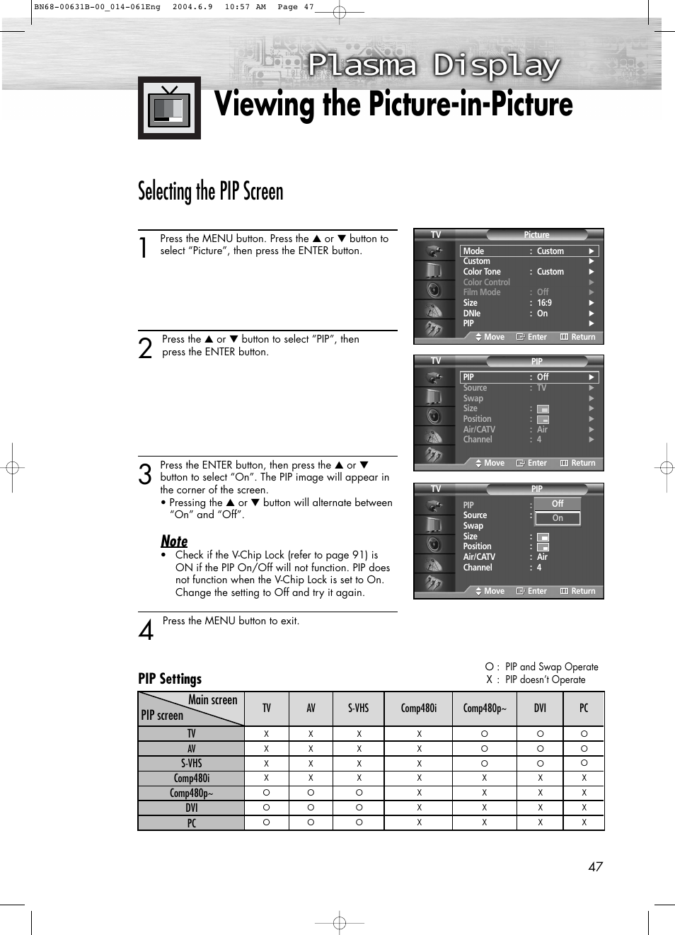 Viewing the picture-in-picture, Selecting the pip screen, Pip settings | Pip screen main screen | Samsung SPP4231KX-XAA User Manual | Page 47 / 104