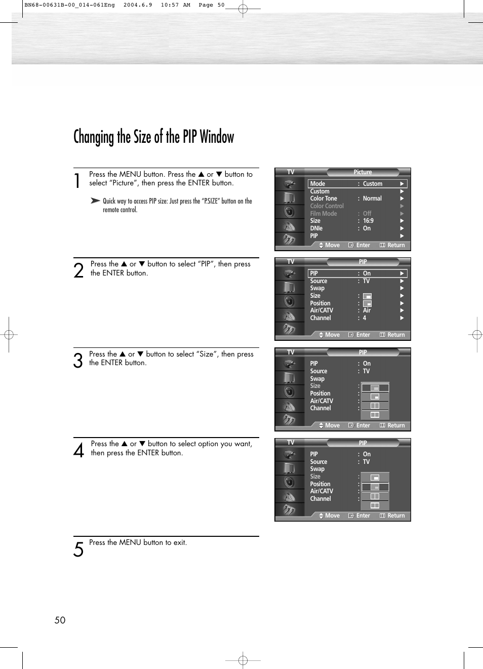 Changing the size of the pip window | Samsung SPP4231KX-XAA User Manual | Page 50 / 104