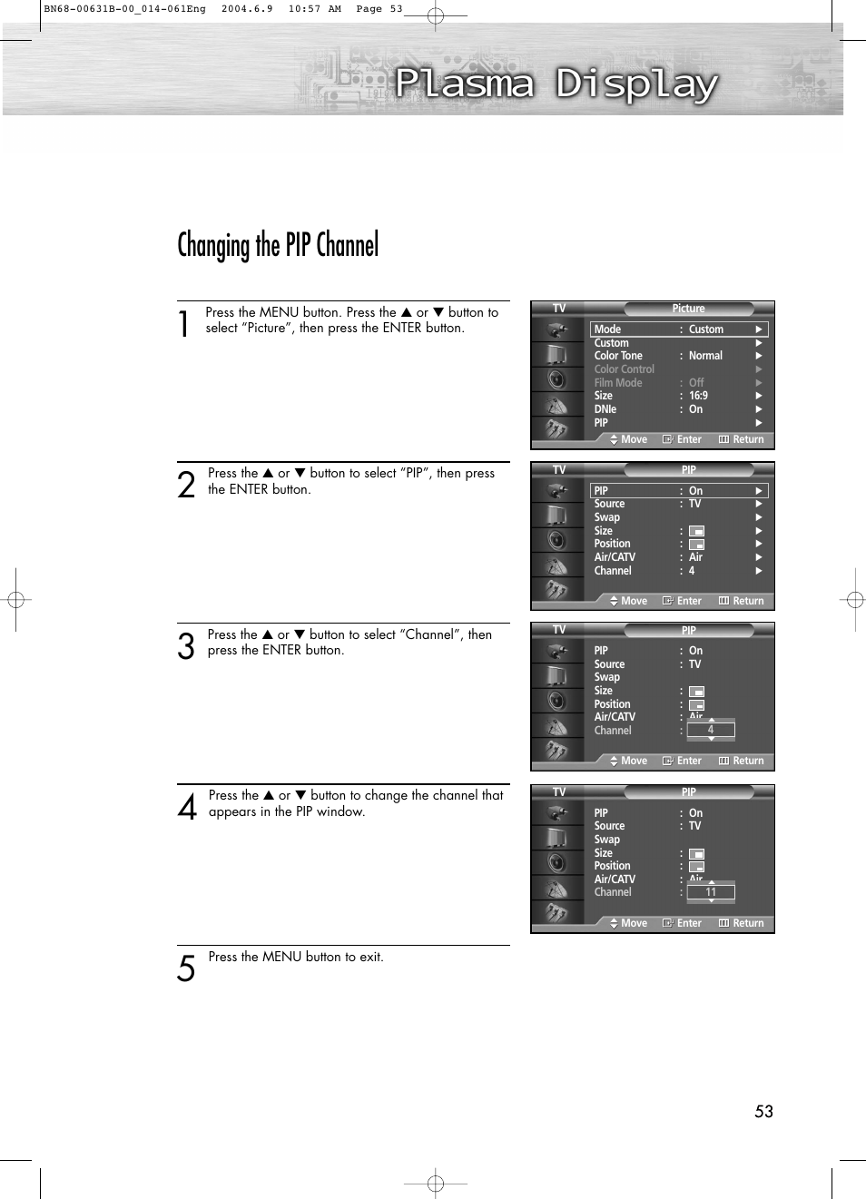 Changing the pip channel | Samsung SPP4231KX-XAA User Manual | Page 53 / 104