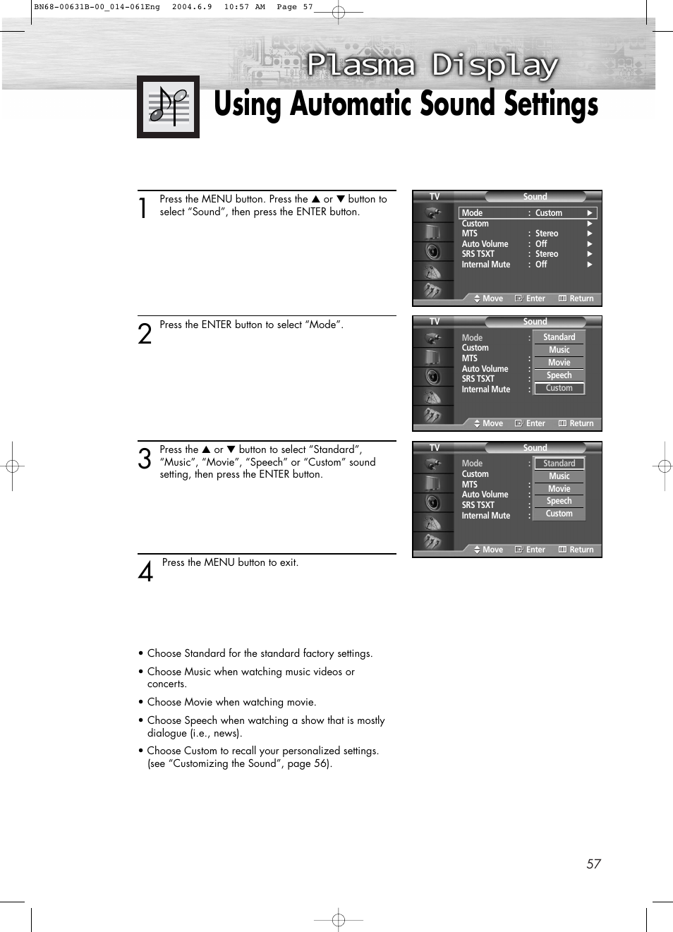 Using automatic sound settings | Samsung SPP4231KX-XAA User Manual | Page 57 / 104