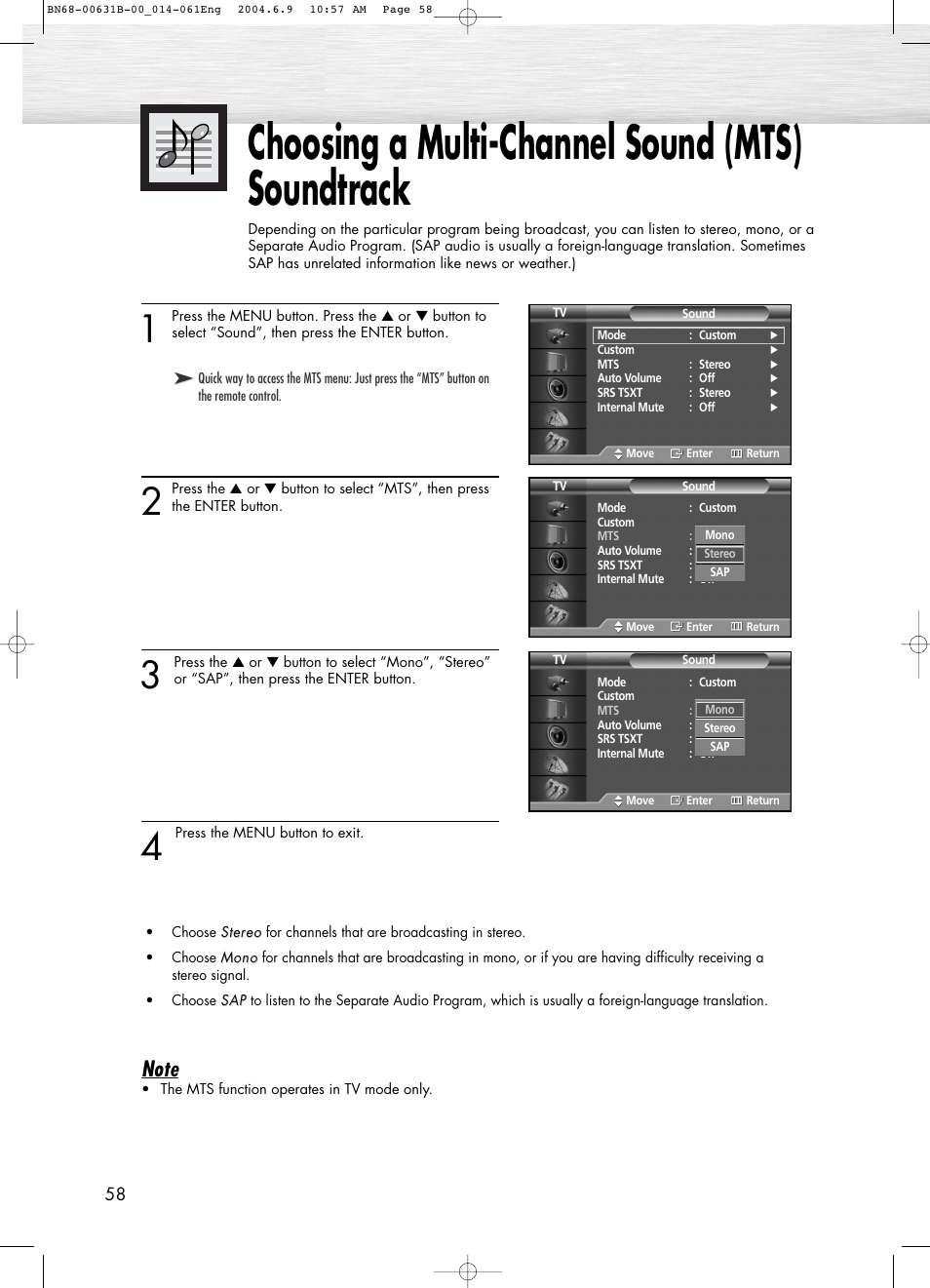 Choosing a multi-channel sound (mts)soundtrack, Choosing a multi-channel sound (mts) soundtrack | Samsung SPP4231KX-XAA User Manual | Page 58 / 104