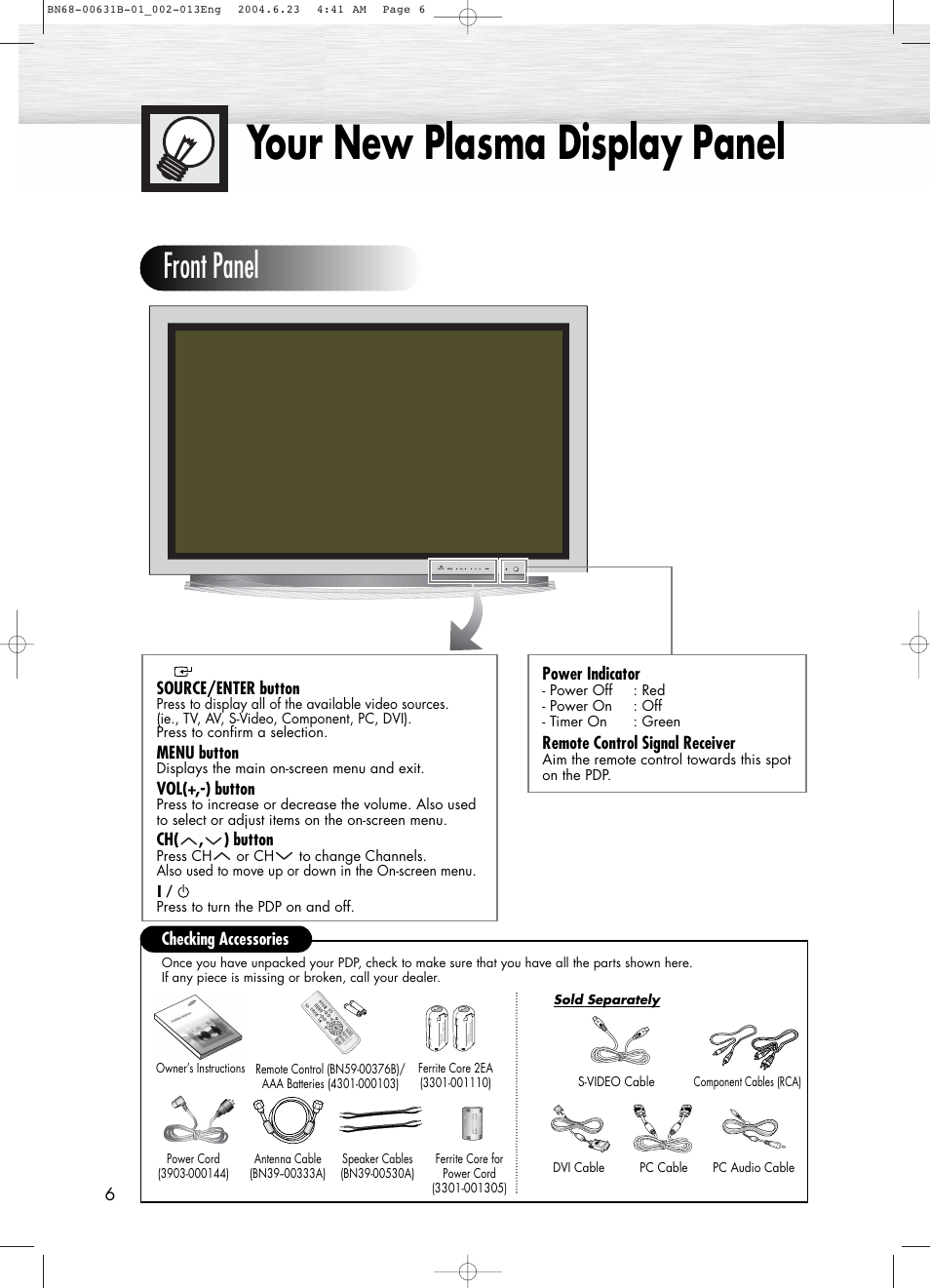 Your new plasma display panel, Front panel | Samsung SPP4231KX-XAA User Manual | Page 6 / 104