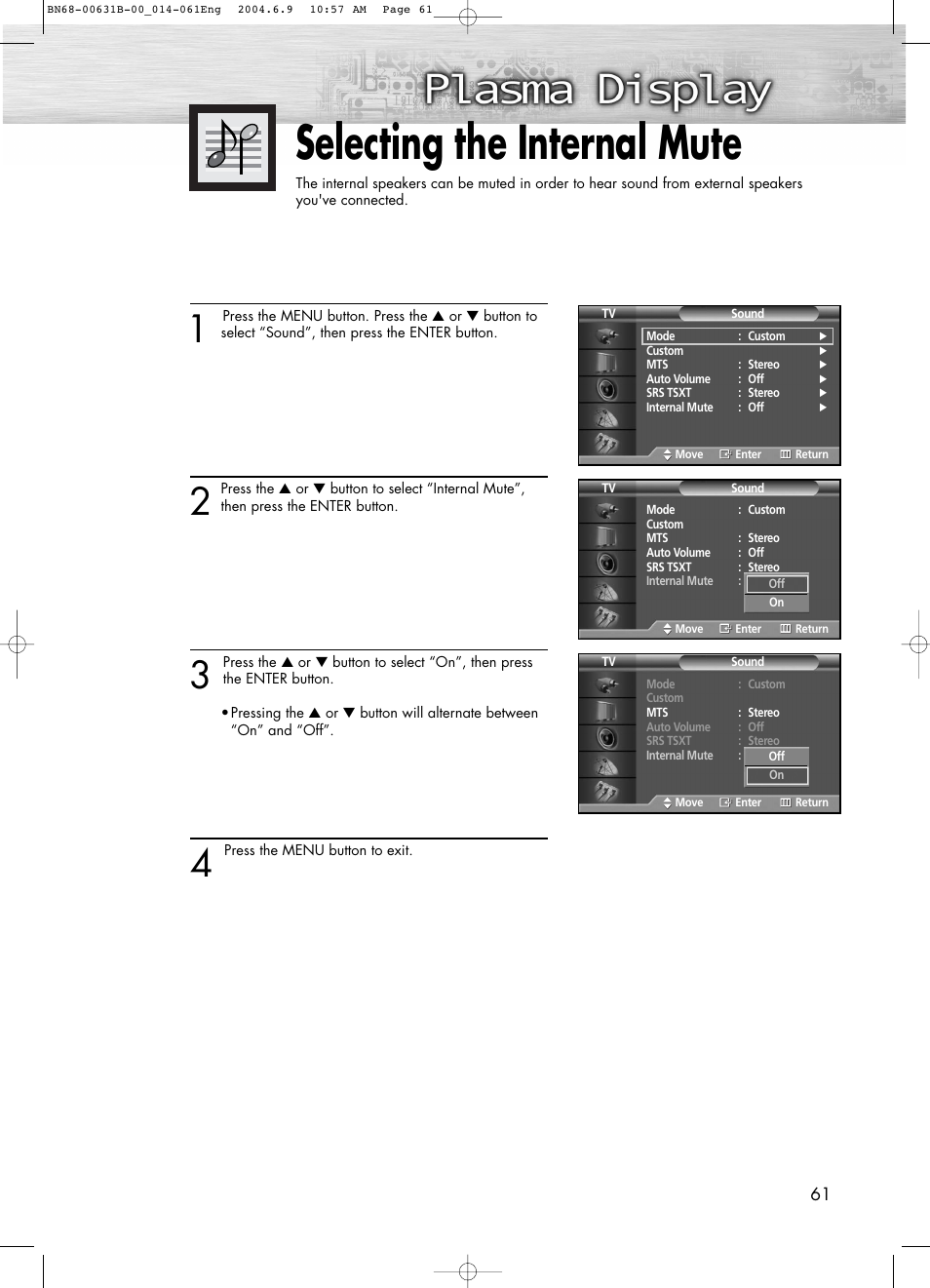 Selecting the internal mute | Samsung SPP4231KX-XAA User Manual | Page 61 / 104