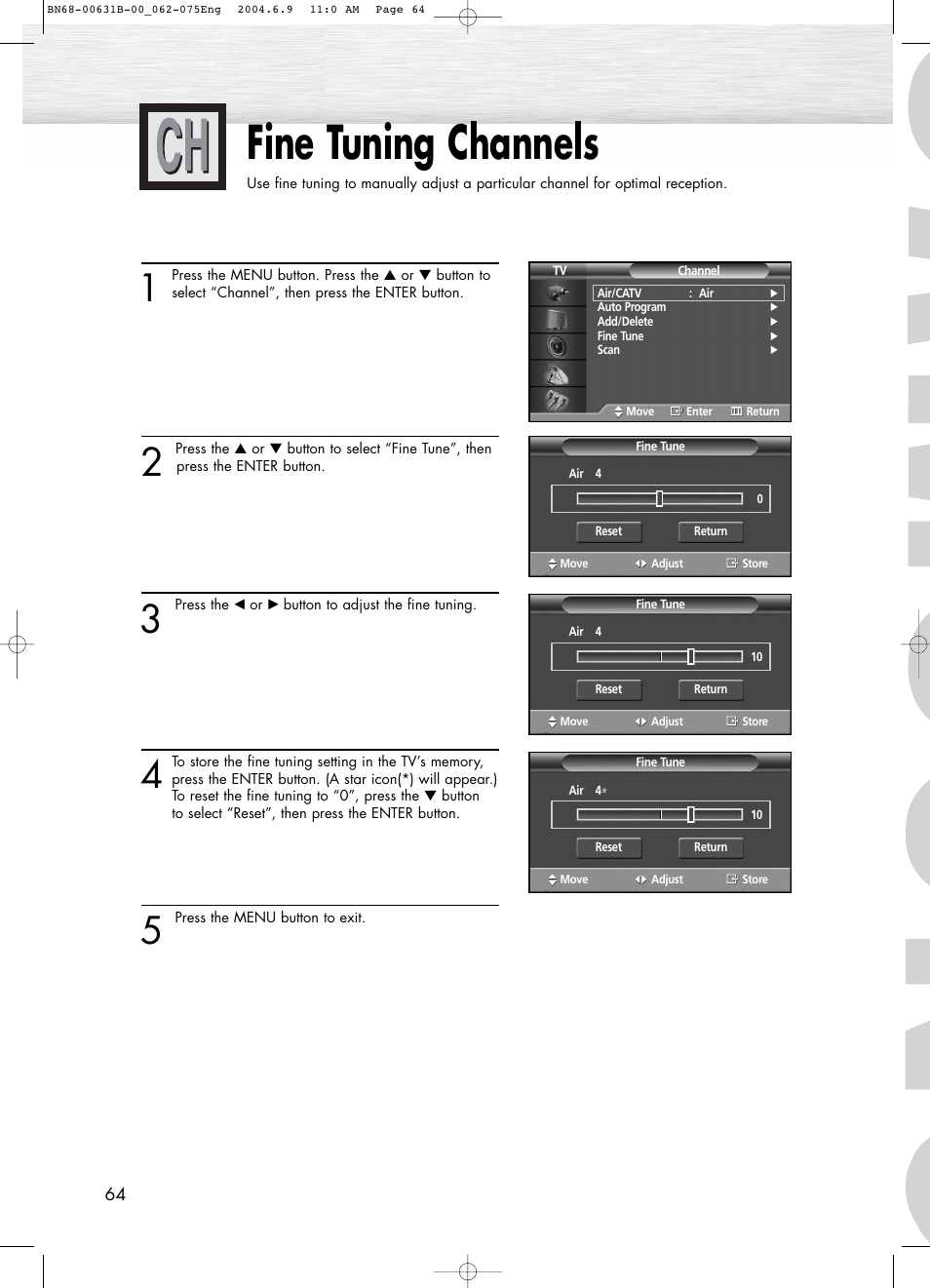 Fine tuning channels | Samsung SPP4231KX-XAA User Manual | Page 64 / 104