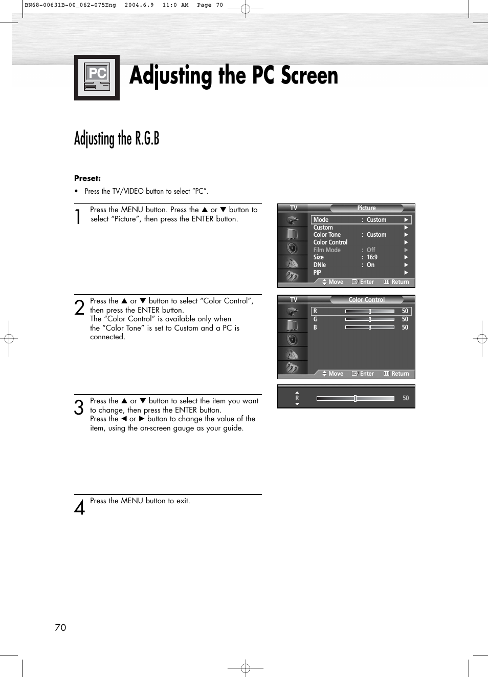 Adjusting the pc screen, Adjusting the r.g.b | Samsung SPP4231KX-XAA User Manual | Page 70 / 104