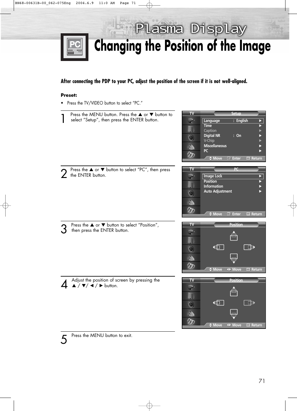 Changing the position of the image | Samsung SPP4231KX-XAA User Manual | Page 71 / 104