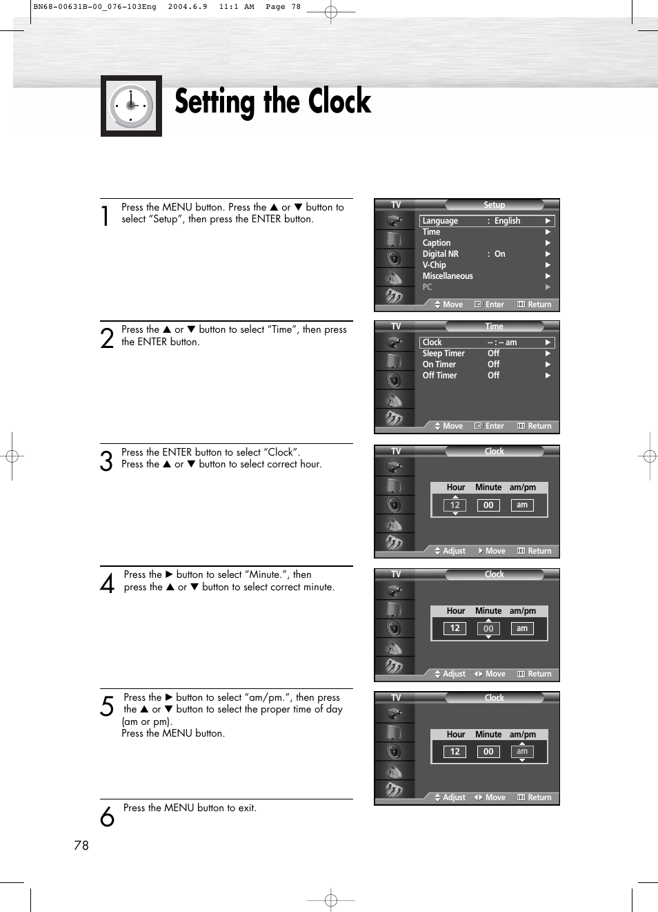 Setting the clock | Samsung SPP4231KX-XAA User Manual | Page 78 / 104