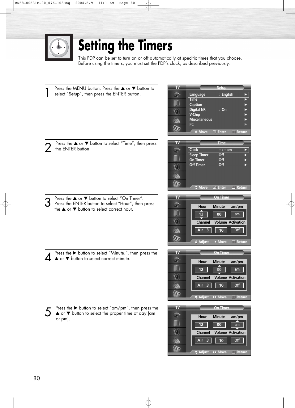 Setting the timers | Samsung SPP4231KX-XAA User Manual | Page 80 / 104