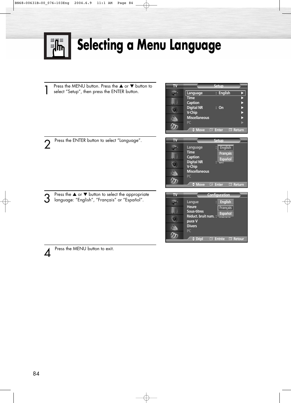 Selecting a menu language | Samsung SPP4231KX-XAA User Manual | Page 84 / 104