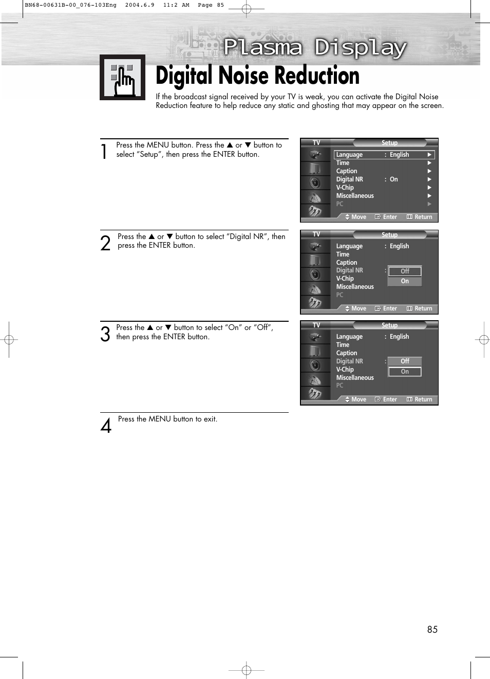 Digital noise reduction | Samsung SPP4231KX-XAA User Manual | Page 85 / 104