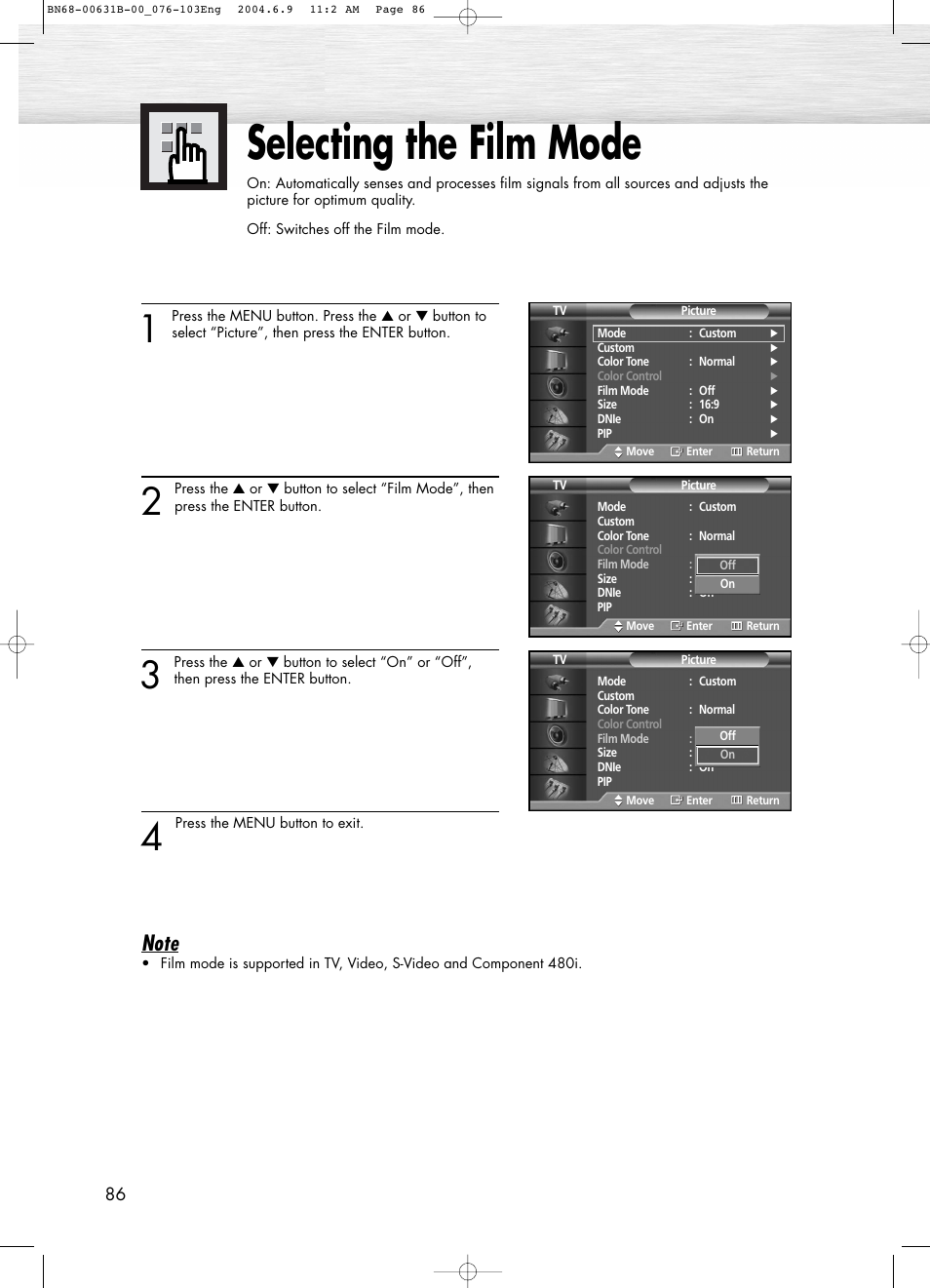 Selecting the film mode | Samsung SPP4231KX-XAA User Manual | Page 86 / 104