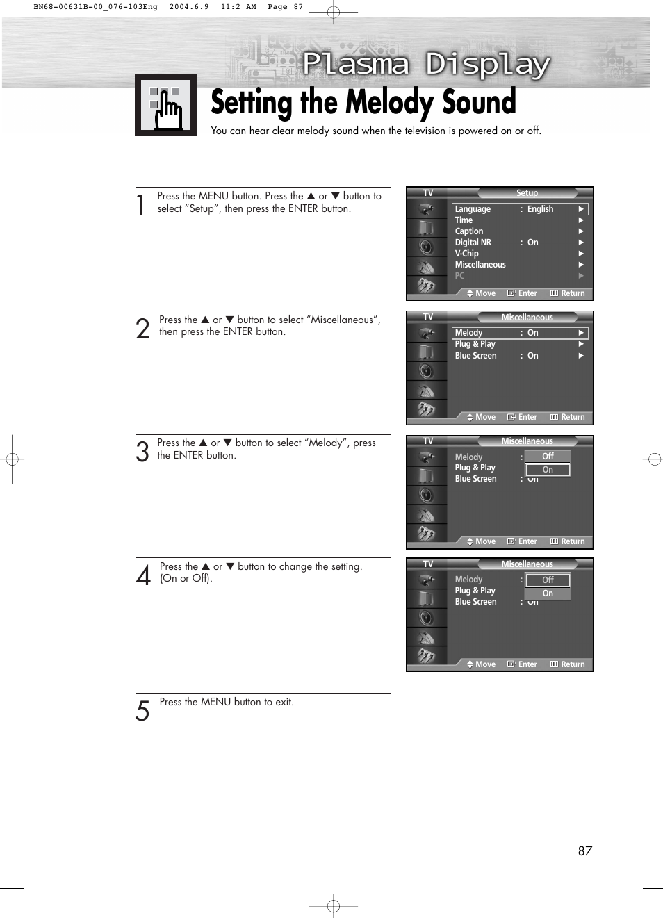 Setting the melody sound | Samsung SPP4231KX-XAA User Manual | Page 87 / 104