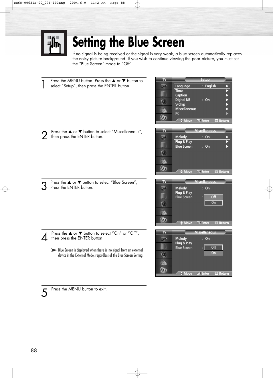 Setting the blue screen | Samsung SPP4231KX-XAA User Manual | Page 88 / 104