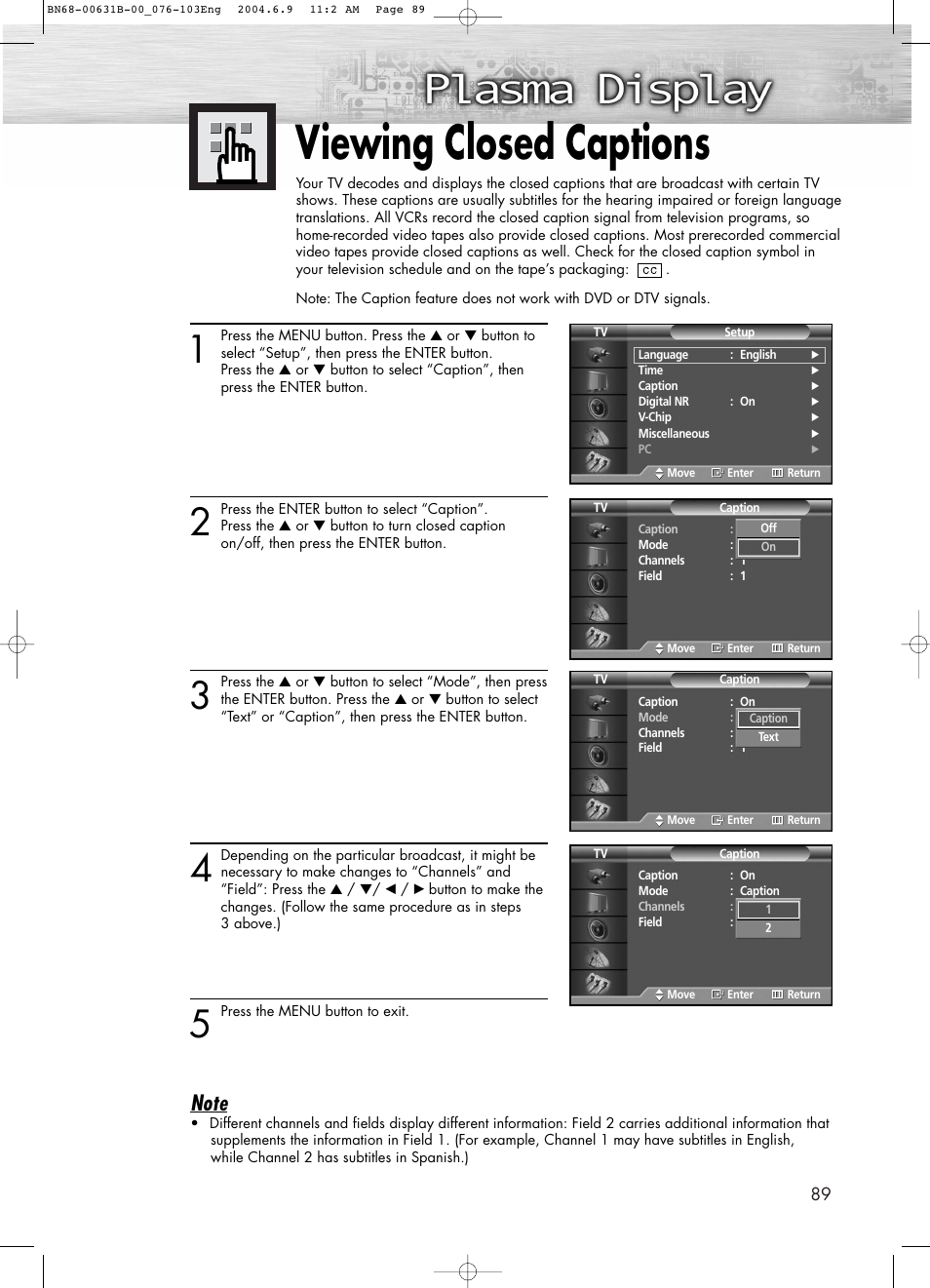 Viewing closed captions | Samsung SPP4231KX-XAA User Manual | Page 89 / 104