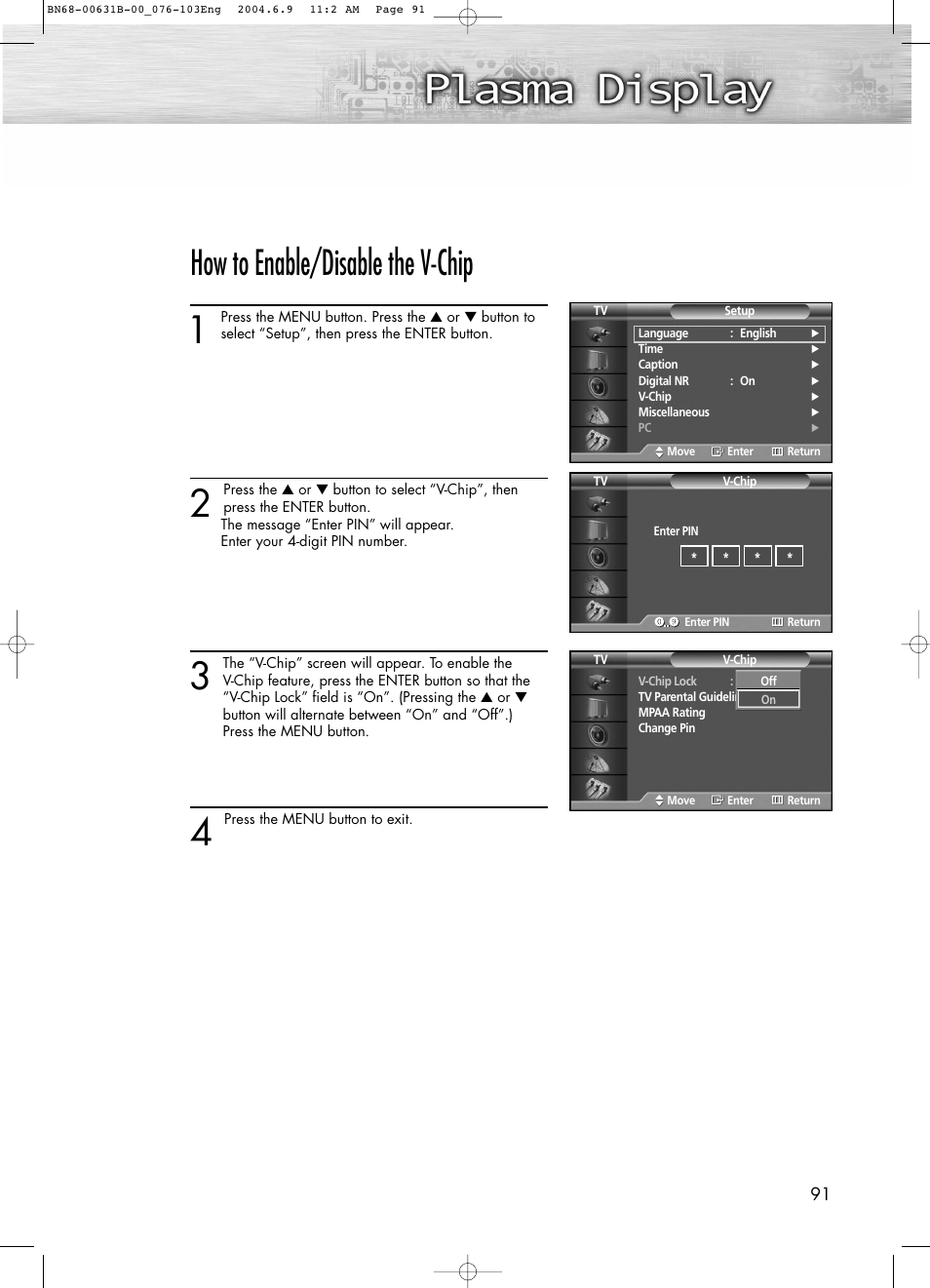 How to enable/disable the v-chip | Samsung SPP4231KX-XAA User Manual | Page 91 / 104