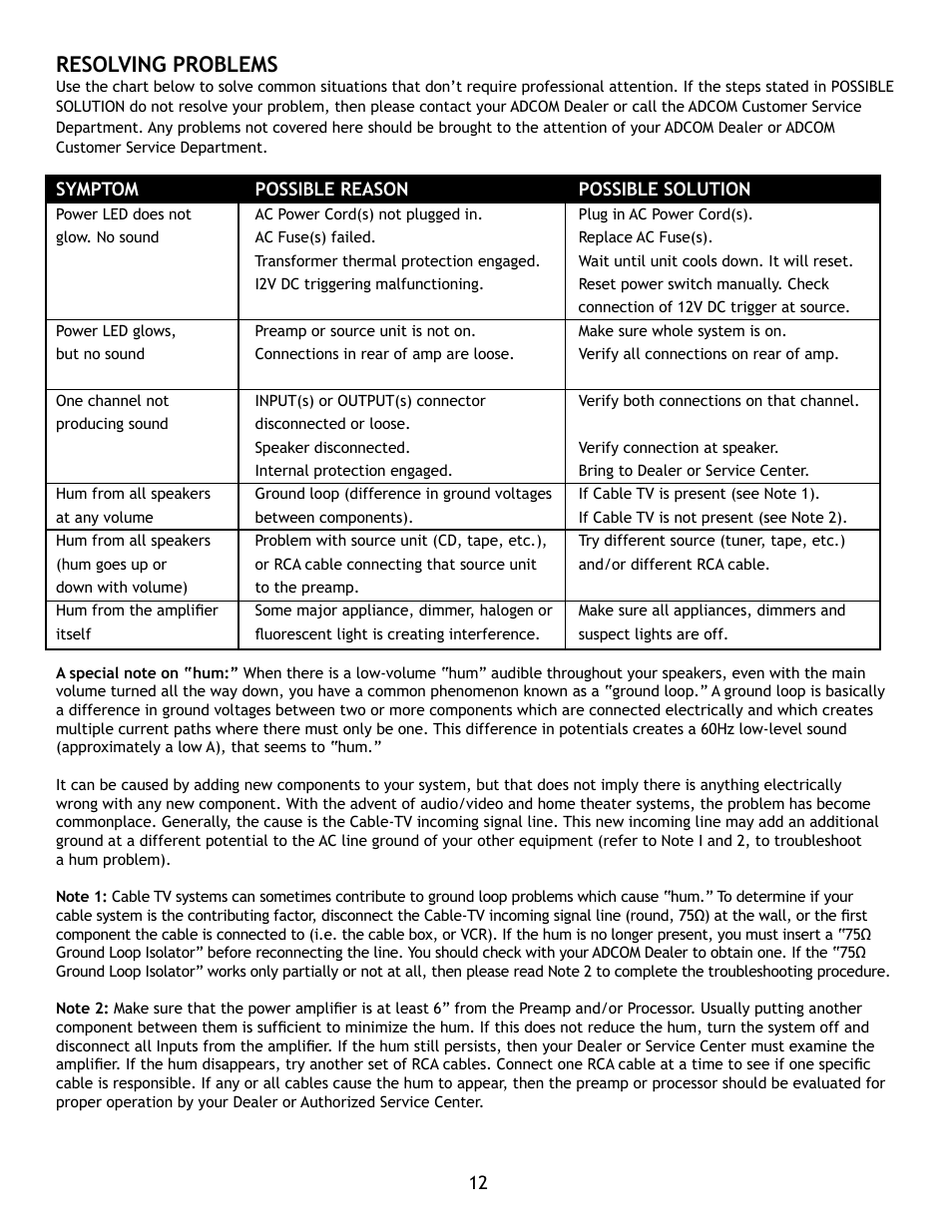 Resolving problems | Adcom GFA7807 User Manual | Page 12 / 16