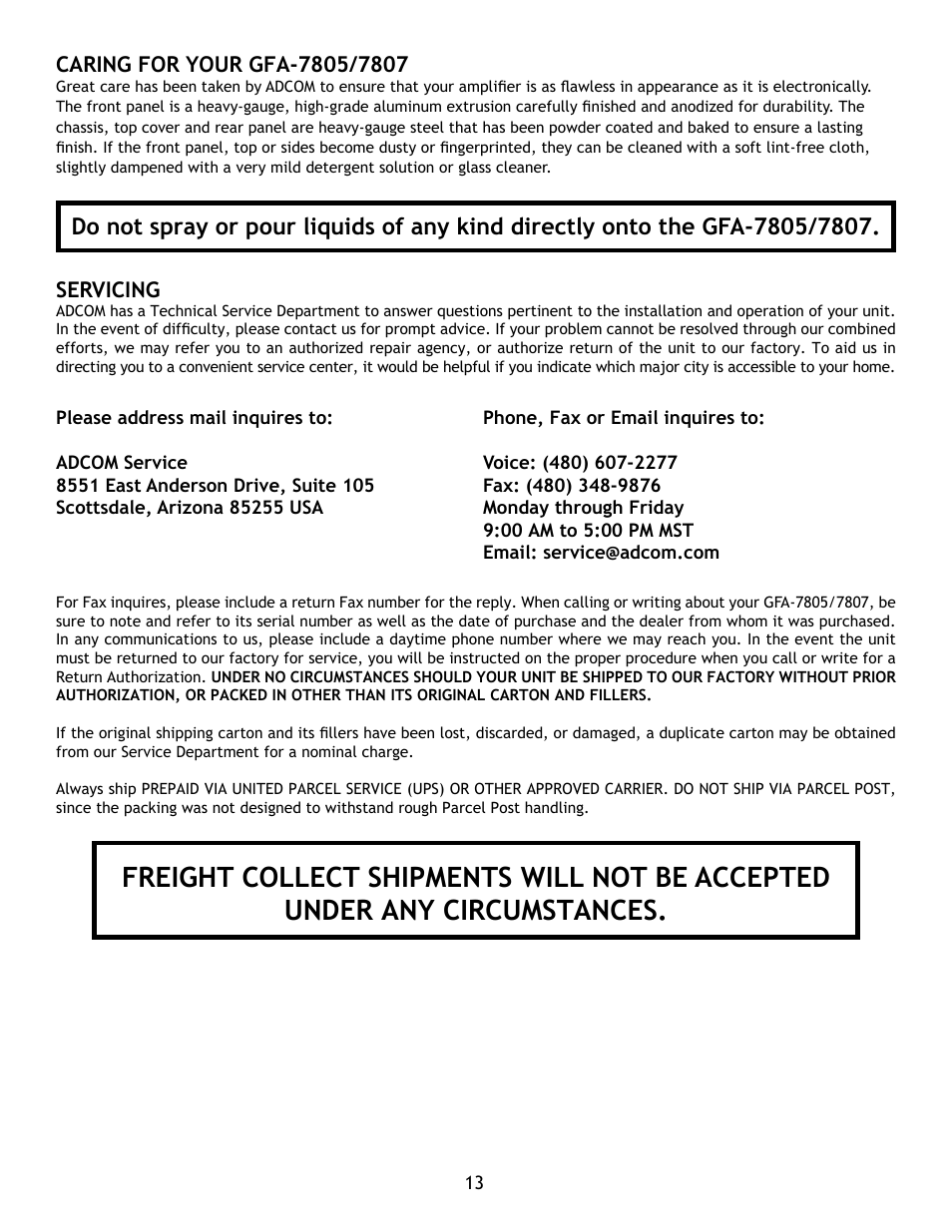 Servicing | Adcom GFA7807 User Manual | Page 13 / 16