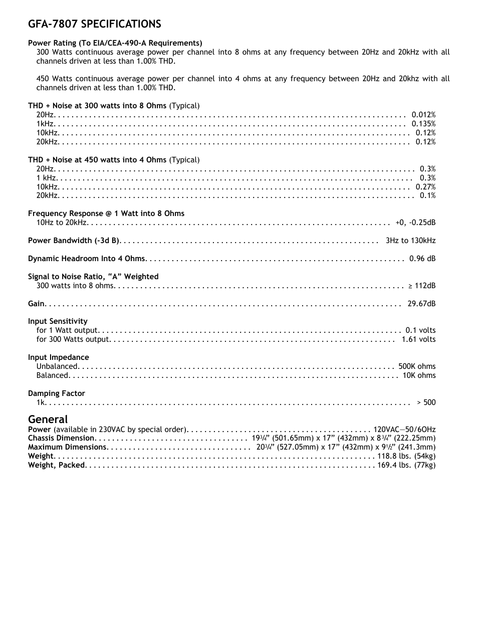Gfa-7807 specifications, General | Adcom GFA7807 User Manual | Page 15 / 16