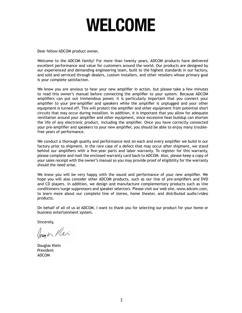 Welcome | Adcom GFA7807 User Manual | Page 2 / 16