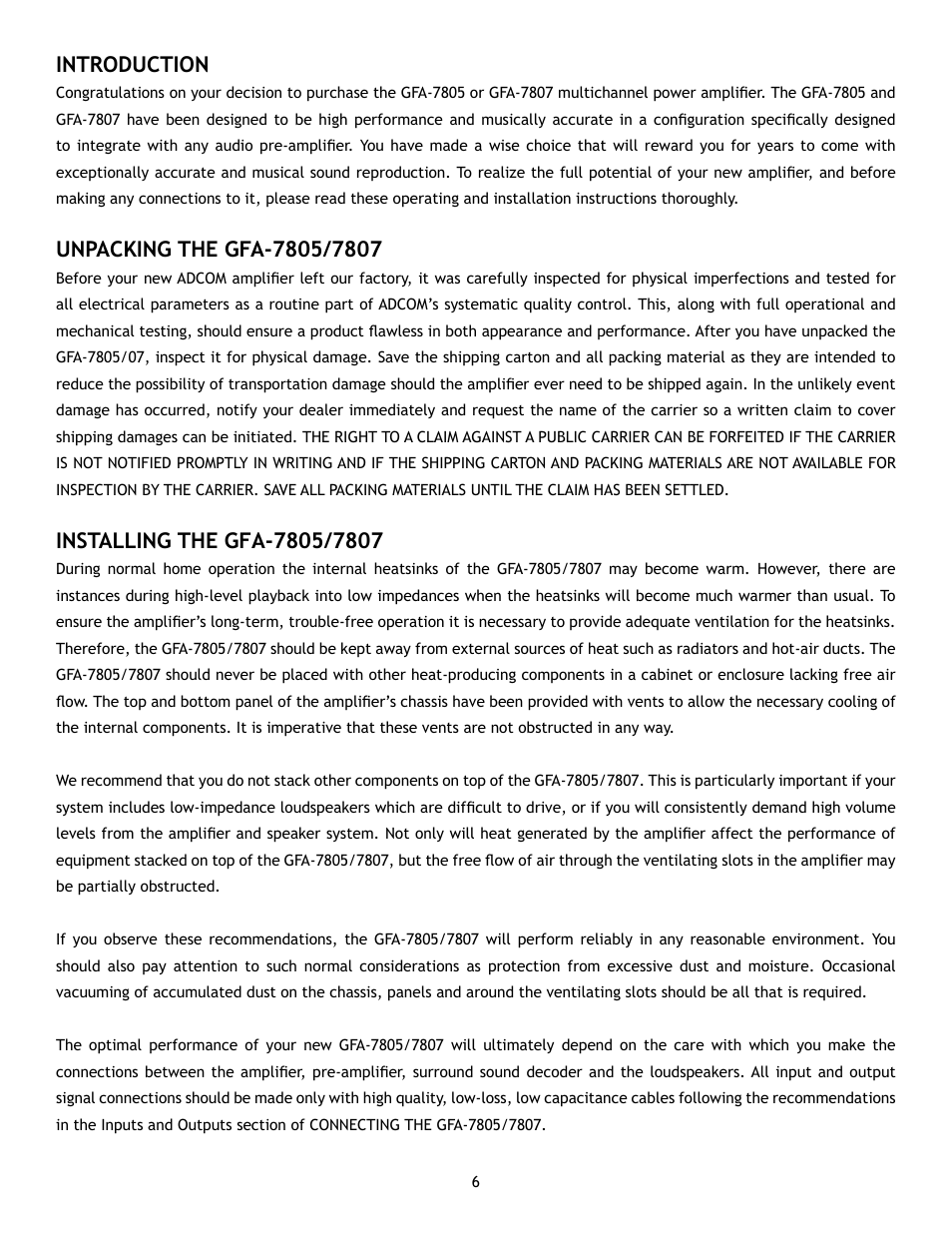 Introduction | Adcom GFA7807 User Manual | Page 6 / 16