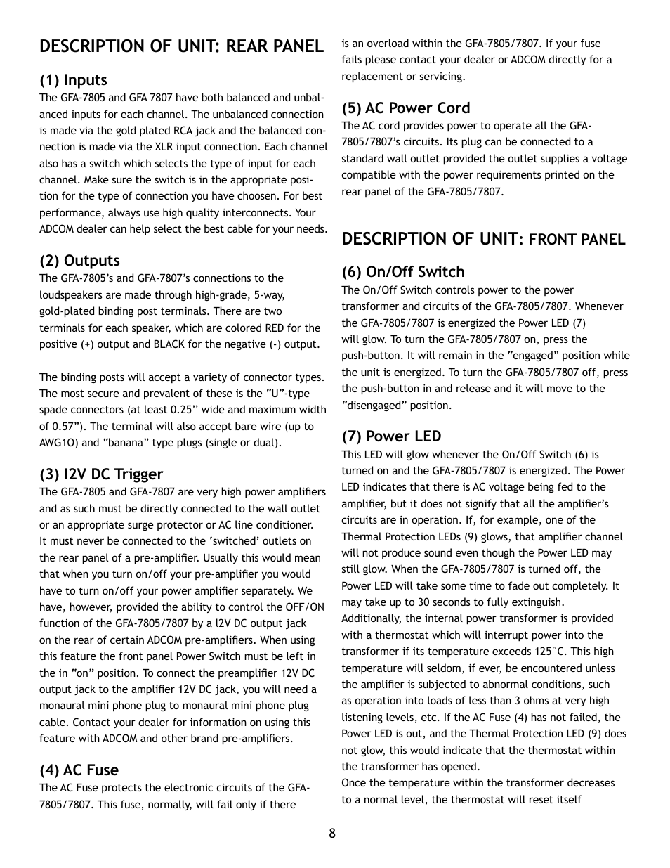 Description of unit: rear panel, Description of unit | Adcom GFA7807 User Manual | Page 8 / 16