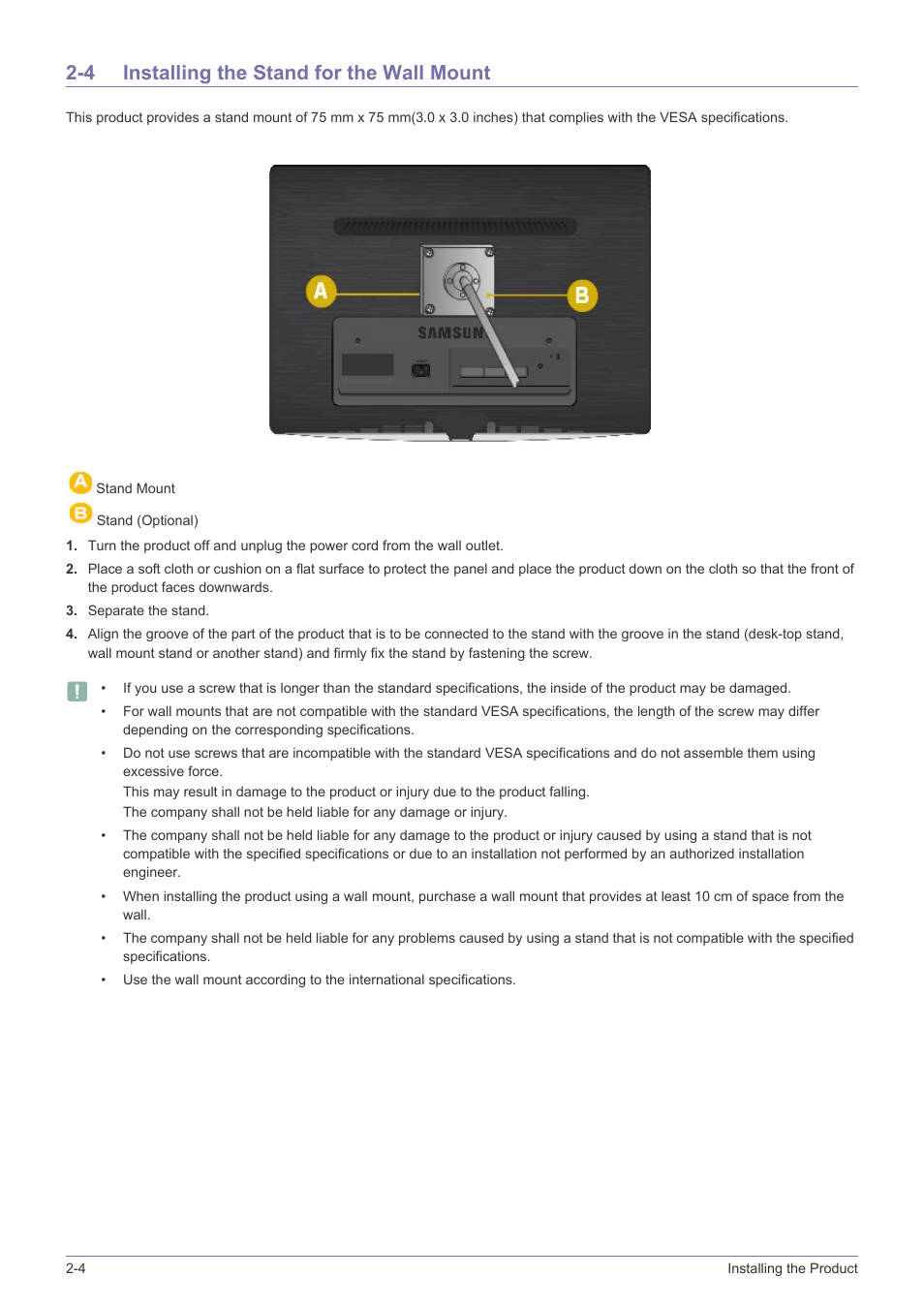 4 installing the stand for the wall mount, Installing the stand for the wall mount -4 | Samsung LS23PUZKFVUZA User Manual | Page 16 / 81