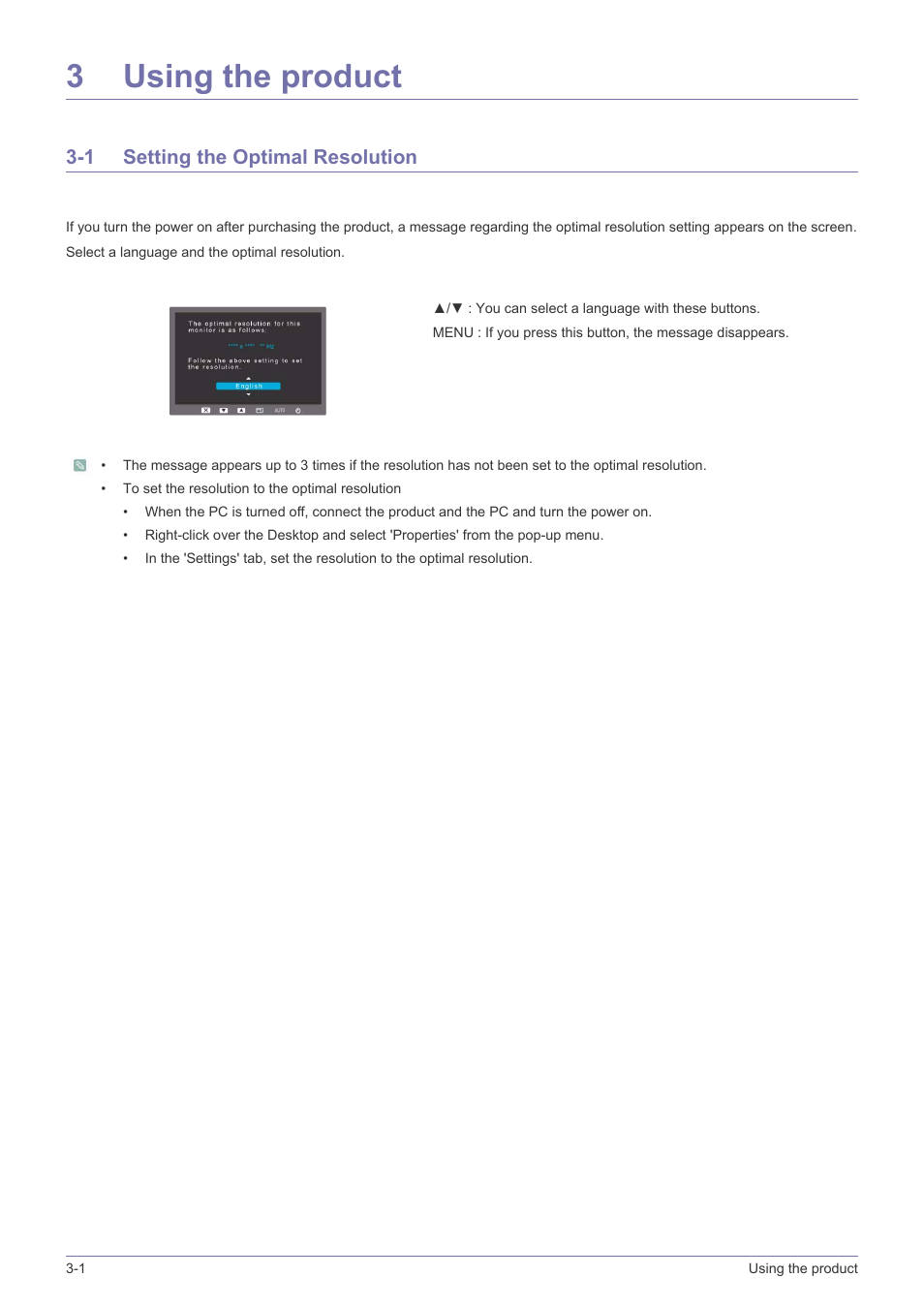 3 using the product, 1 setting the optimal resolution, Using the product | Setting the optimal resolution -1, 3using the product | Samsung LS23PUZKFVUZA User Manual | Page 20 / 81