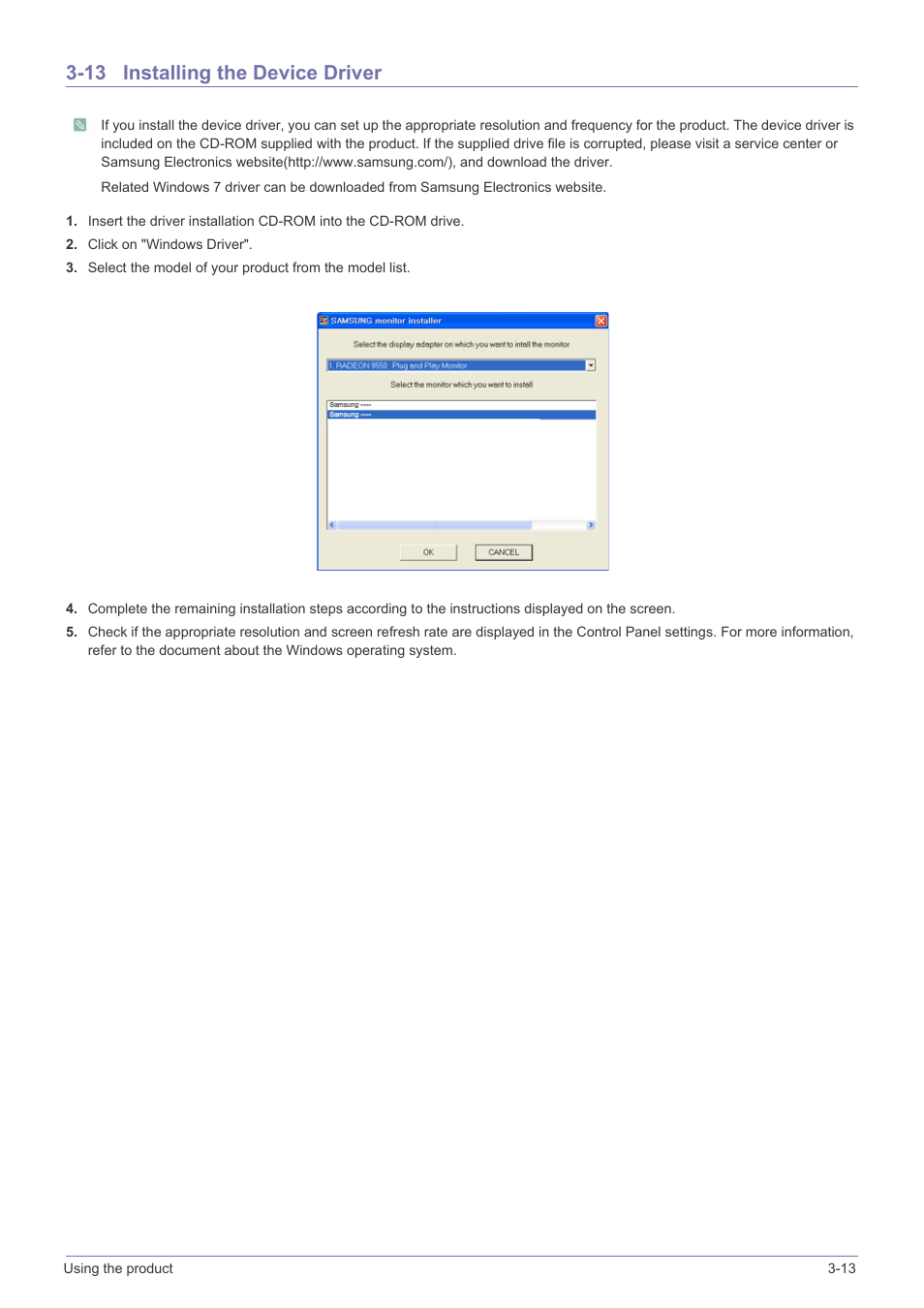 13 installing the device driver, Installing the device driver -13 | Samsung LS23PUZKFVUZA User Manual | Page 37 / 81