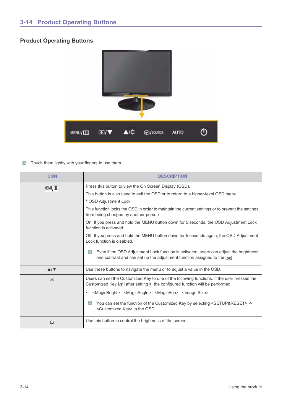 14 product operating buttons, Product operating buttons -14, Product operating buttons | Samsung LS23PUZKFVUZA User Manual | Page 38 / 81