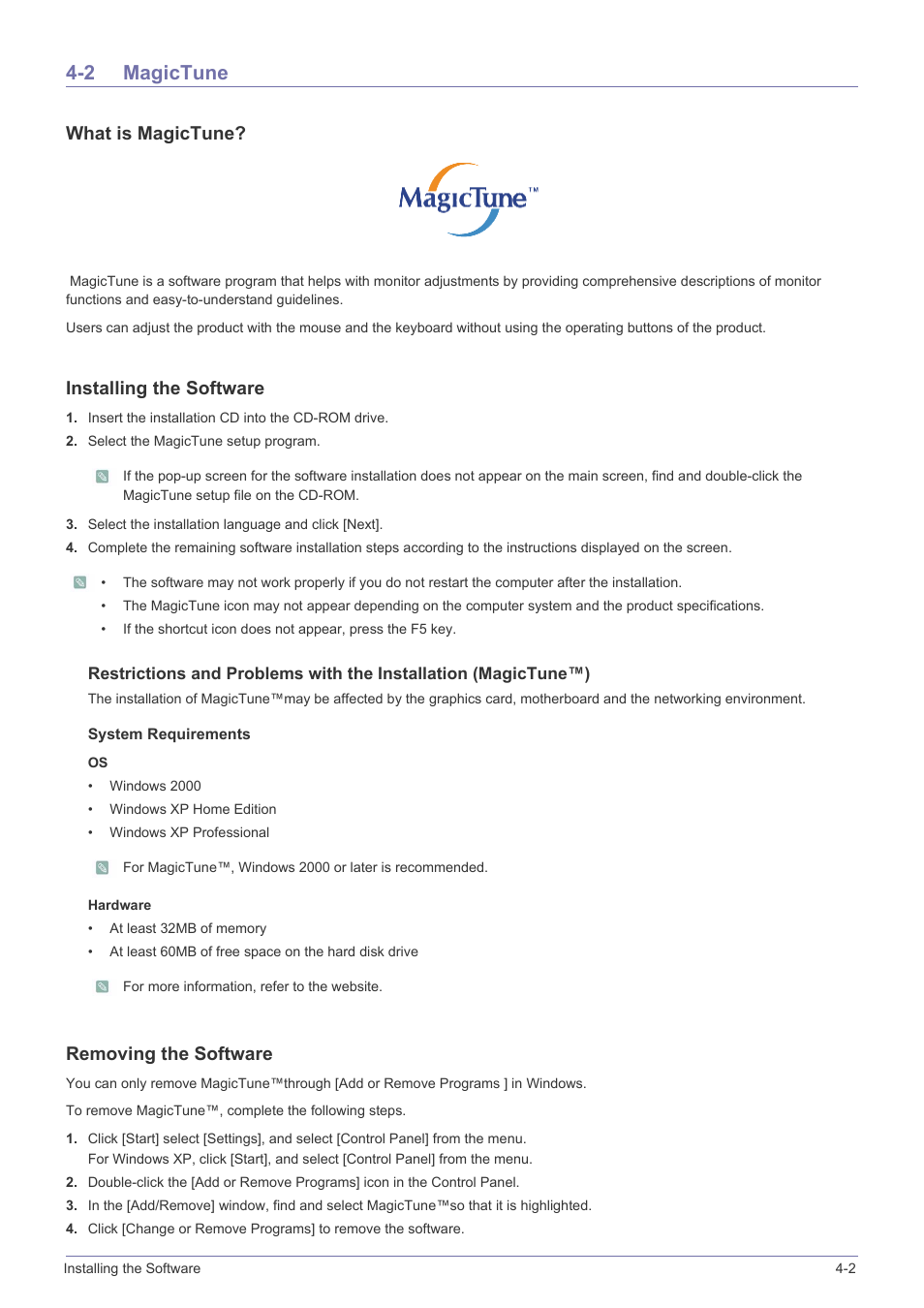 2 magictune, Magictune -2, What is magictune | Installing the software, Removing the software | Samsung LS23PUZKFVUZA User Manual | Page 49 / 81