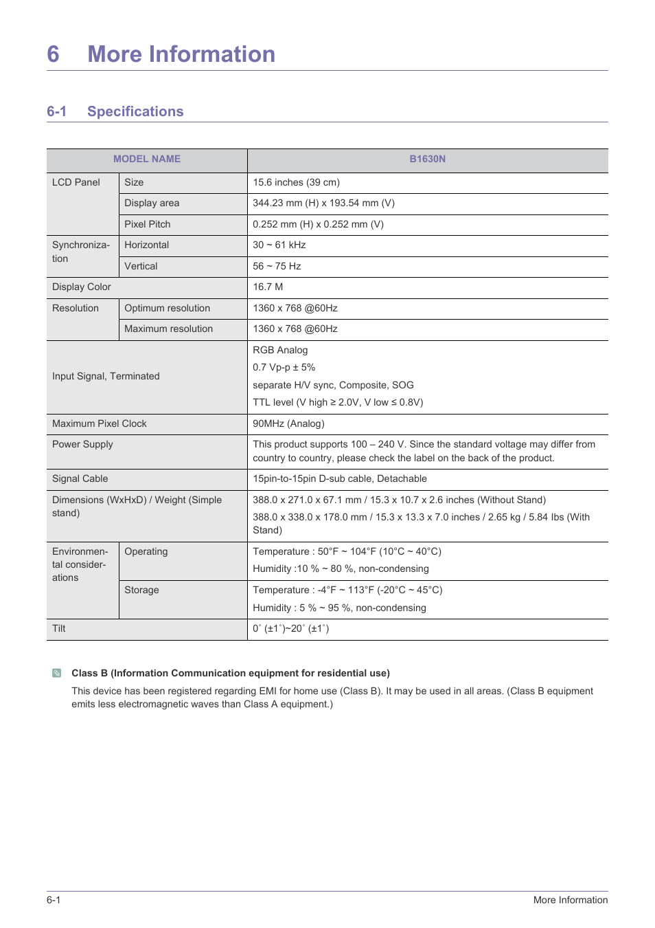 6 more information, 1 specifications, More information | Specifications -1, 6more information | Samsung LS23PUZKFVUZA User Manual | Page 56 / 81
