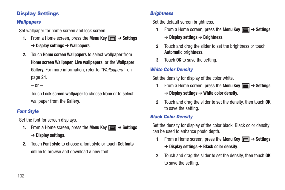 Display settings | Samsung GT-P1010CWAXAR User Manual | Page 106 / 147