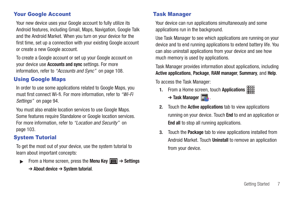 Your google account, Using google maps, System tutorial | Task manager | Samsung GT-P1010CWAXAR User Manual | Page 11 / 147