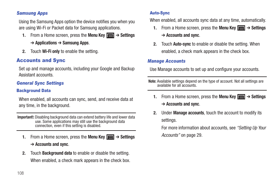 Accounts and sync | Samsung GT-P1010CWAXAR User Manual | Page 112 / 147