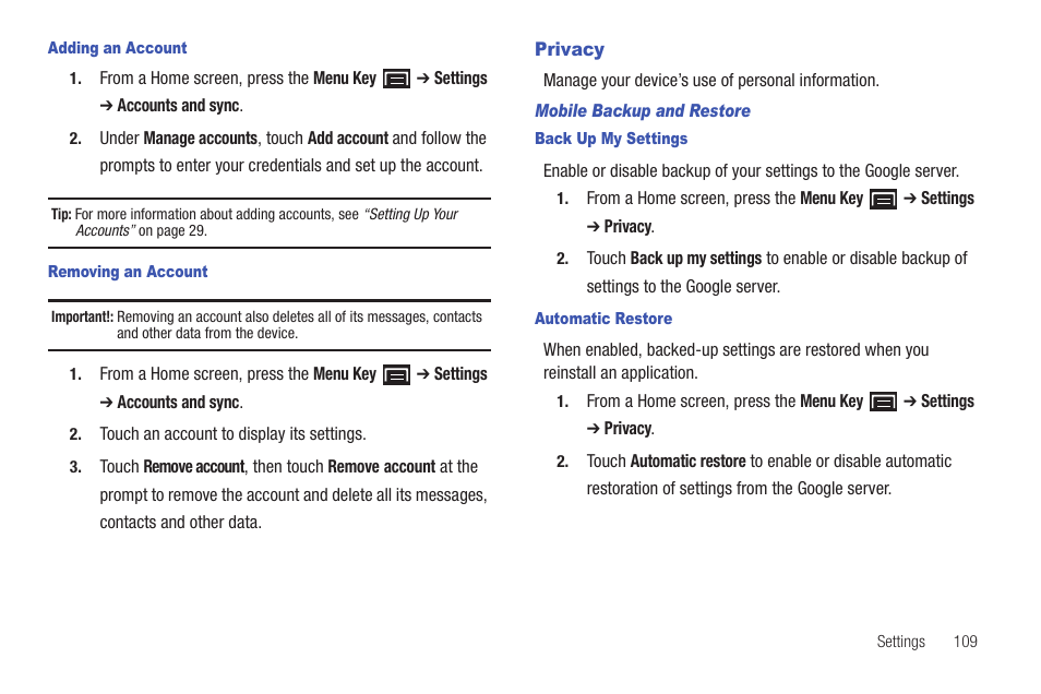 Privacy | Samsung GT-P1010CWAXAR User Manual | Page 113 / 147