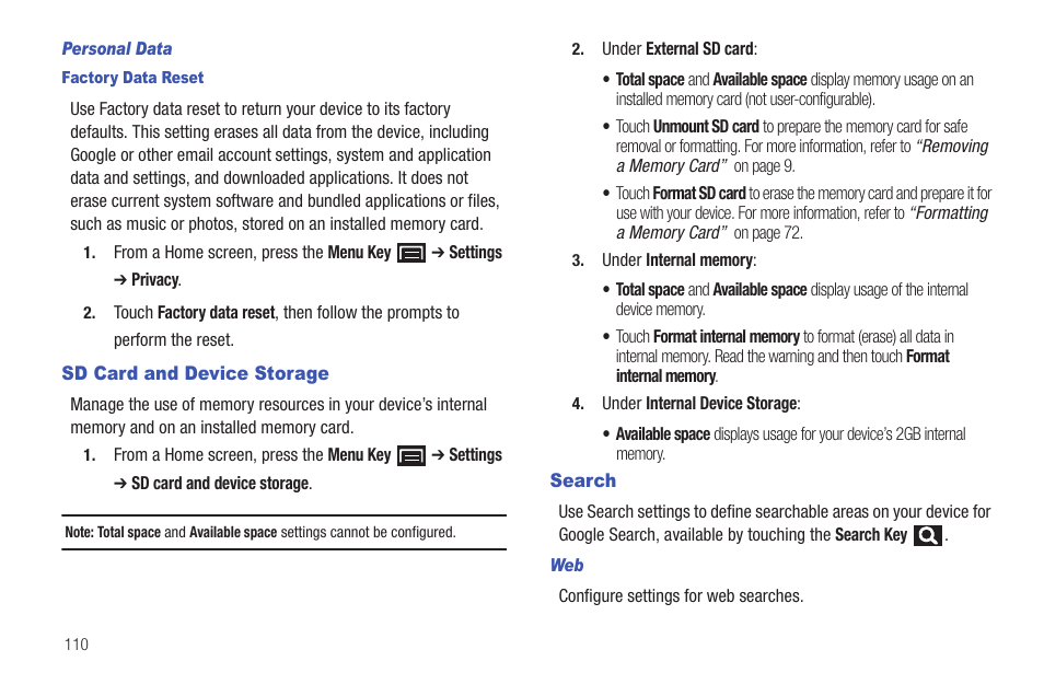 Sd card and device storage, Search, Sd card and device storage search | Samsung GT-P1010CWAXAR User Manual | Page 114 / 147