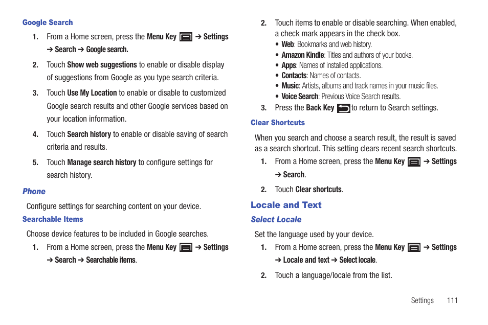 Locale and text | Samsung GT-P1010CWAXAR User Manual | Page 115 / 147