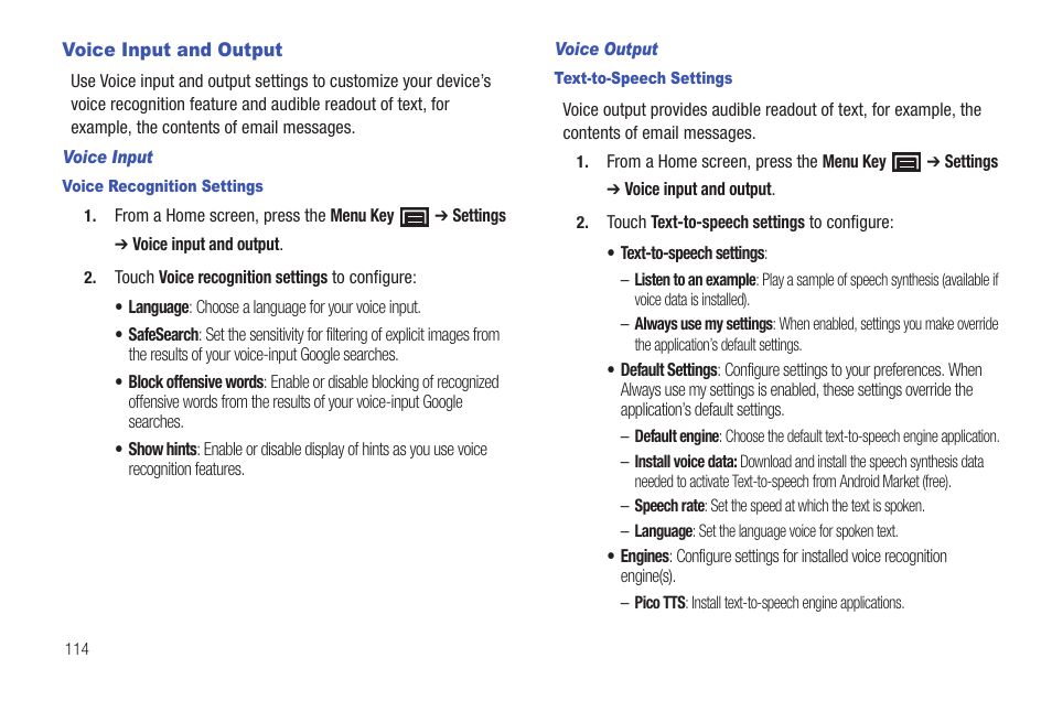 Voice input and output | Samsung GT-P1010CWAXAR User Manual | Page 118 / 147