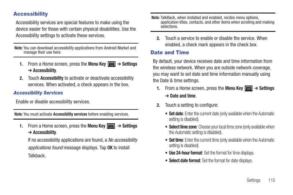 Accessibility, Date and time, Accessibility date and time | Samsung GT-P1010CWAXAR User Manual | Page 119 / 147