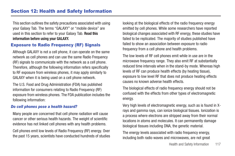 Section 12: health and safety information, Exposure to radio frequency (rf) signals | Samsung GT-P1010CWAXAR User Manual | Page 121 / 147