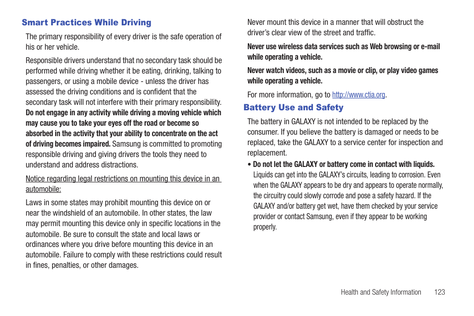 Smart practices while driving, Battery use and safety | Samsung GT-P1010CWAXAR User Manual | Page 127 / 147