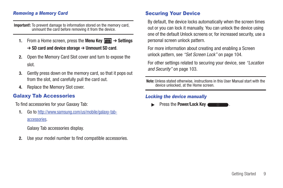 Galaxy tab accessories, Securing your device, Galaxy tab accessories securing your device | Samsung GT-P1010CWAXAR User Manual | Page 13 / 147