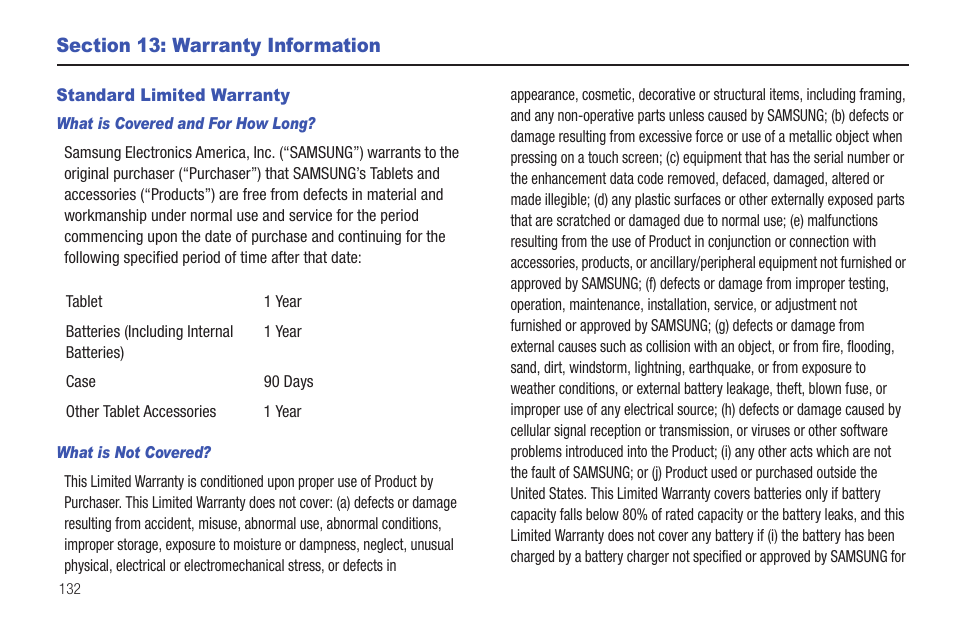 Section 13: warranty information, Standard limited warranty | Samsung GT-P1010CWAXAR User Manual | Page 136 / 147