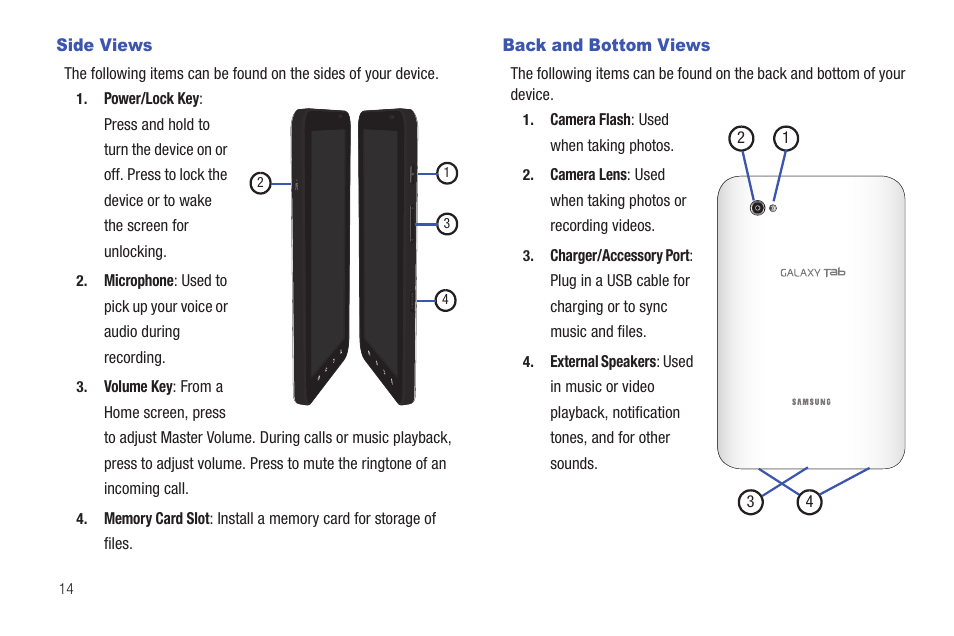 Side views, Back and bottom views, Side views back and bottom views | Samsung GT-P1010CWAXAR User Manual | Page 18 / 147