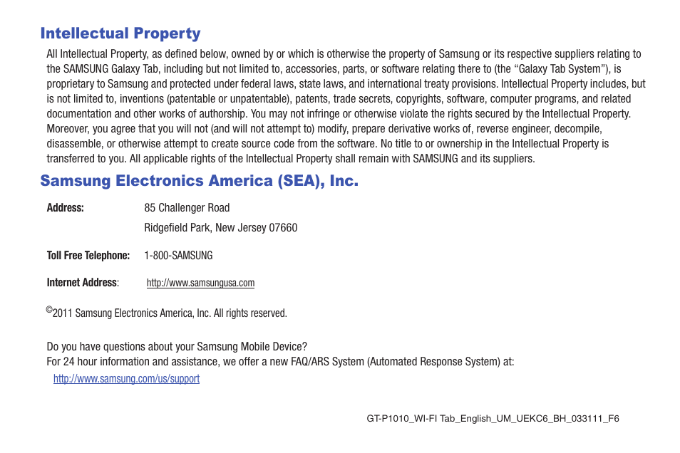 Intellectual property, Samsung electronics america (sea), inc | Samsung GT-P1010CWAXAR User Manual | Page 2 / 147