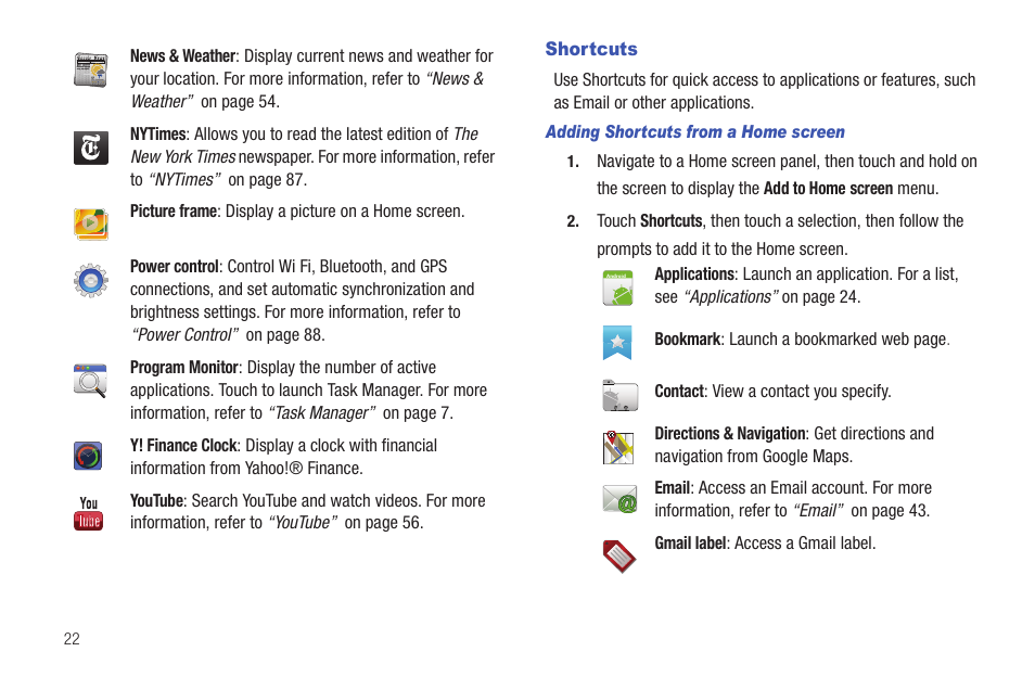 Shortcuts, Default. for | Samsung GT-P1010CWAXAR User Manual | Page 26 / 147