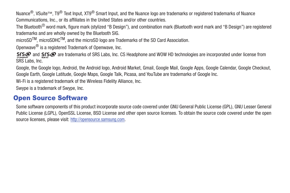 Open source software | Samsung GT-P1010CWAXAR User Manual | Page 3 / 147