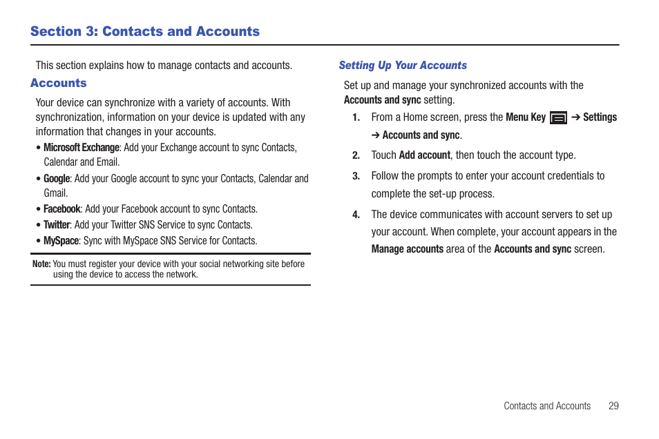 Section 3: contacts and accounts, Accounts | Samsung GT-P1010CWAXAR User Manual | Page 33 / 147