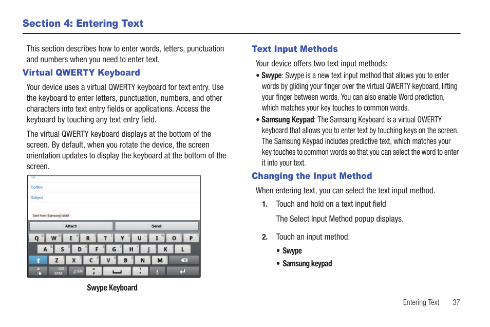 Section 4: entering text, Virtual qwerty keyboard, Text input methods | Changing the input method | Samsung GT-P1010CWAXAR User Manual | Page 41 / 147